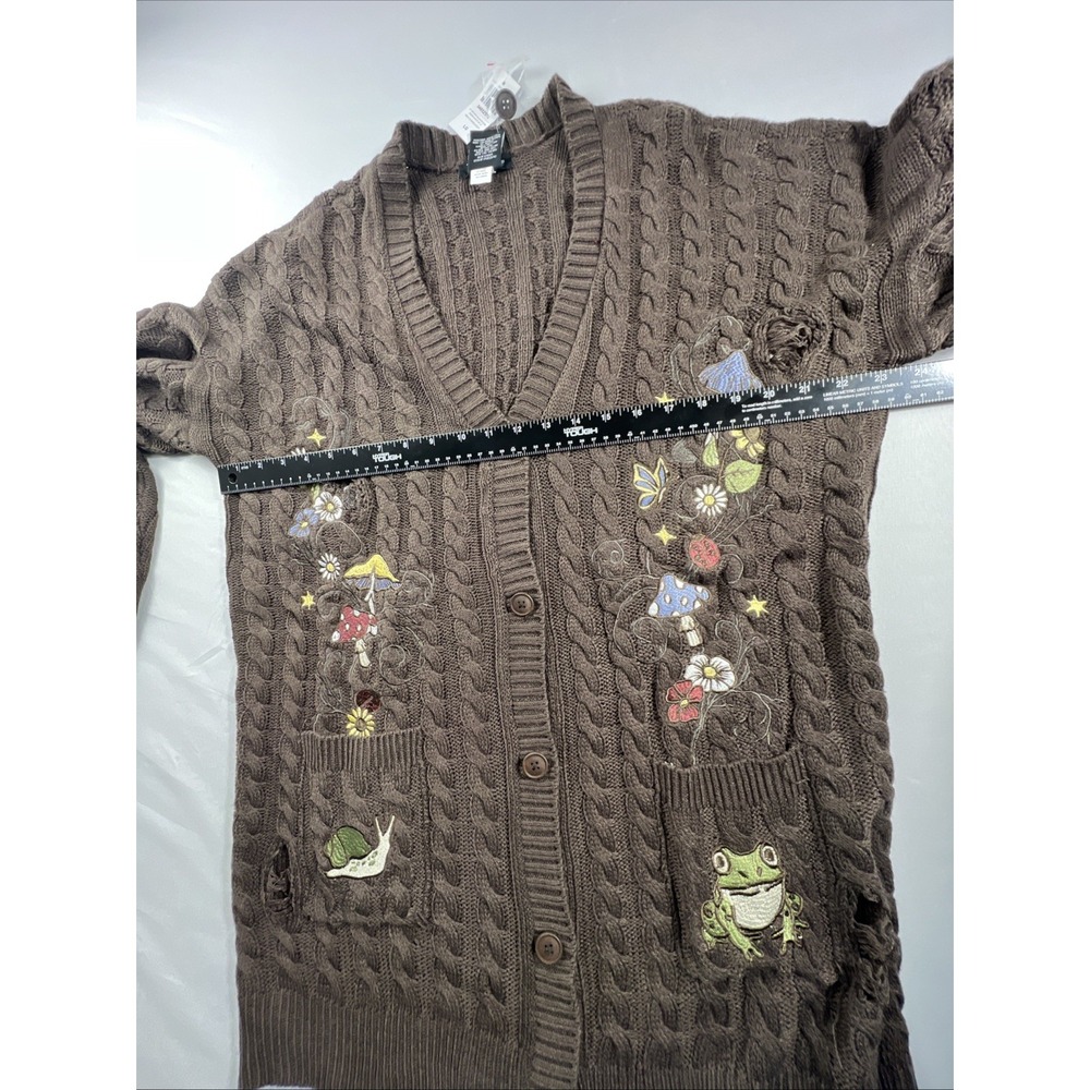 Embroidered Mushroom Frog Distressed Cardigan Sweater Large Brown BNWT Hot topic - Picture 5 of 15